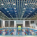 Spacious Indoor Swimming Pool With Colorful Lane Lines Numbers Bright Ceiling Lighting And Windows