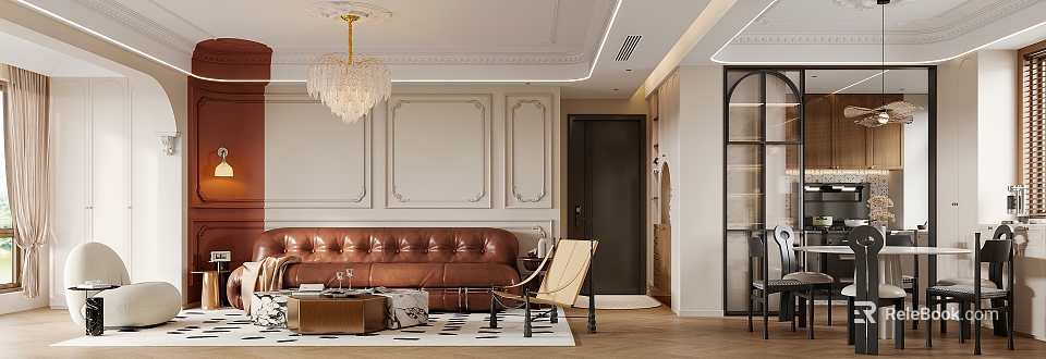 Elegant Classic Living Dining Room Interior With Brown Leather Sofa Gold Chandelier And Paneled Walls 3d model 