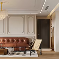 Elegant Classic Living Dining Room Interior With Brown Leather Sofa Gold Chandelier And Paneled Walls