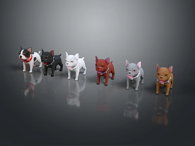 Different Colored French Bulldog Puppy Figurines On Smooth Surface With Reflection 3d model