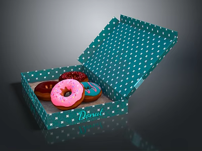 Open Blue Polka Dot Doughnut Box With Colorful Doughnuts Inside 3d model