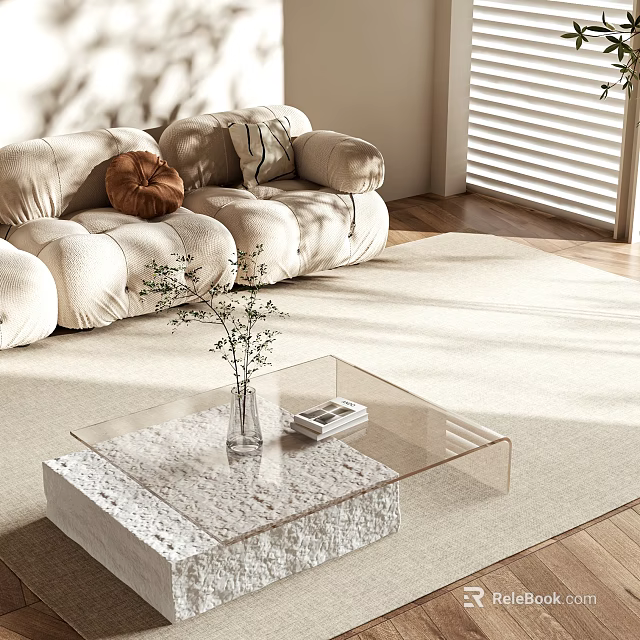 Transparent Glass Coffee Table With Stone Base Featuring Vase Plants Small Book And Bright Light 3d model 