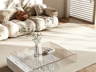 Transparent Glass Coffee Table With Stone Base Featuring Vase Plants Small Book And Bright Light 3d model