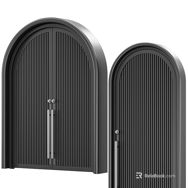 Modern Black Double Doors With Vertical Slats And Arched Top Design 3d model 