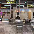 Modern Restaurant Interior With Neon Signs Dining Tables And Open Layout