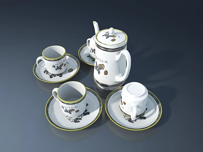 Elegant Porcelain Tea Set With Gold Trim And Floral Patterns On Dark Background 3d model