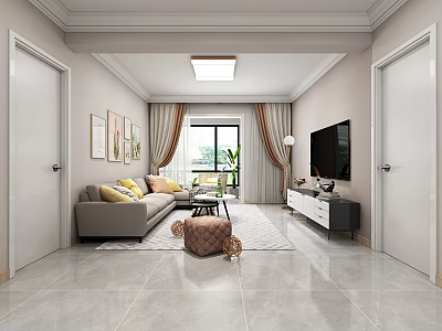Living Dining Room Interior Design With Gray Sofa Yellow Cushions TV Stand And Curtains 3d model