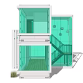 Modern Stacked Container Building Exterior With Green Glass Windows And Front Door
