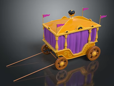 Elegant Yellow Carriage With Purple Curtains Flags Top Decoration And Wooden Poles 3d model