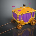 Elegant Yellow Carriage With Purple Curtains Flags Top Decoration And Wooden Poles