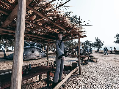 Wooden Swing Door In Thatched Roof Structure With Outdoor Gravel Ground Trees And People 3d model