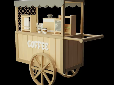 Wooden Mobile Coffee Cart With Canopy Display Shelves And Coffee Equipment 3d model