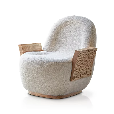 Modern Leisure Chair With Soft Beige Upholstery And Wooden Woven Armrests 3d model