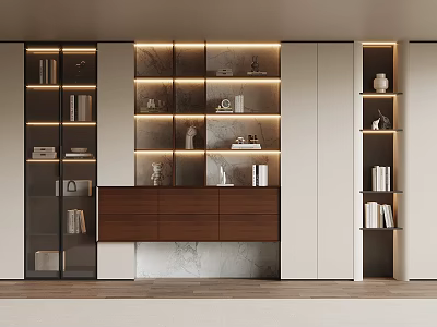 Contemporary Bookcase With LED Lighting Glass Doors And Decorative Items On Shelves 3d model