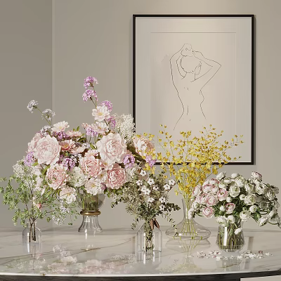 Glass Vases With Pink White Yellow Flowers For Indoor Table Decorative Arrangement 3d model