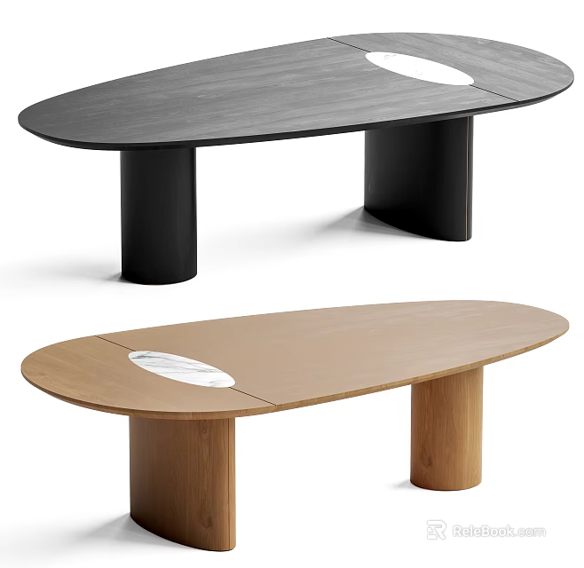 Modern Wooden Oval Dining Table with Cylindrical Legs and Circular White Detail 3d model 