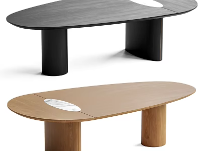 Modern Wooden Oval Dining Table with Cylindrical Legs and Circular White Detail 3d model