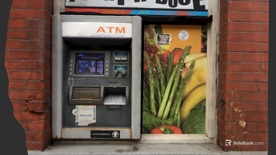 Outdoor Commercial ATM Machine Installed On Brick Wall With Vegetable Poster 3d model 