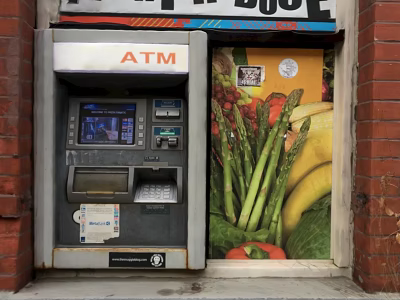 Outdoor Commercial ATM Machine Installed On Brick Wall With Vegetable Poster 3d model