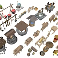 Garden Ornaments Collection With Wooden Tools Stone Structures Wheelbarrows And Decorative Items 3d model