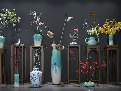 Various Colored Vases With Different Flower Types And Butterfly Decorations On Wooden Stands Dark Background 3d model