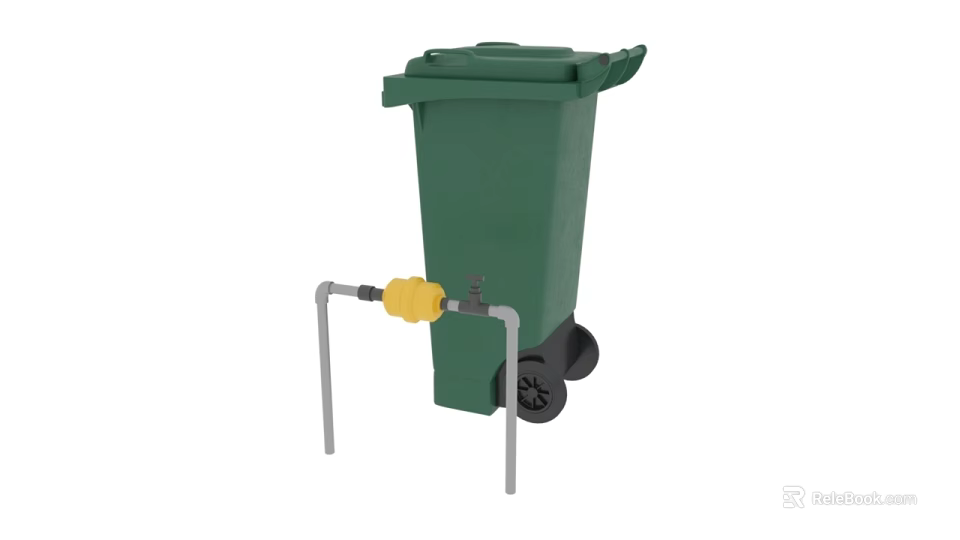 Green Wheeled Trash Bin With Metal Stand And Yellow Component 3d model 