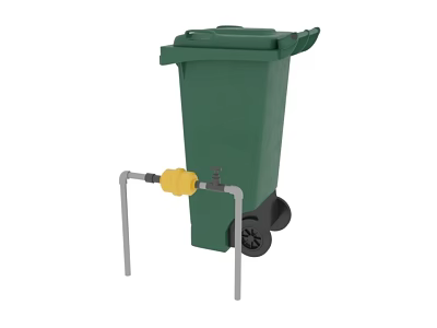 Green Wheeled Trash Bin With Metal Stand And Yellow Component 3d model