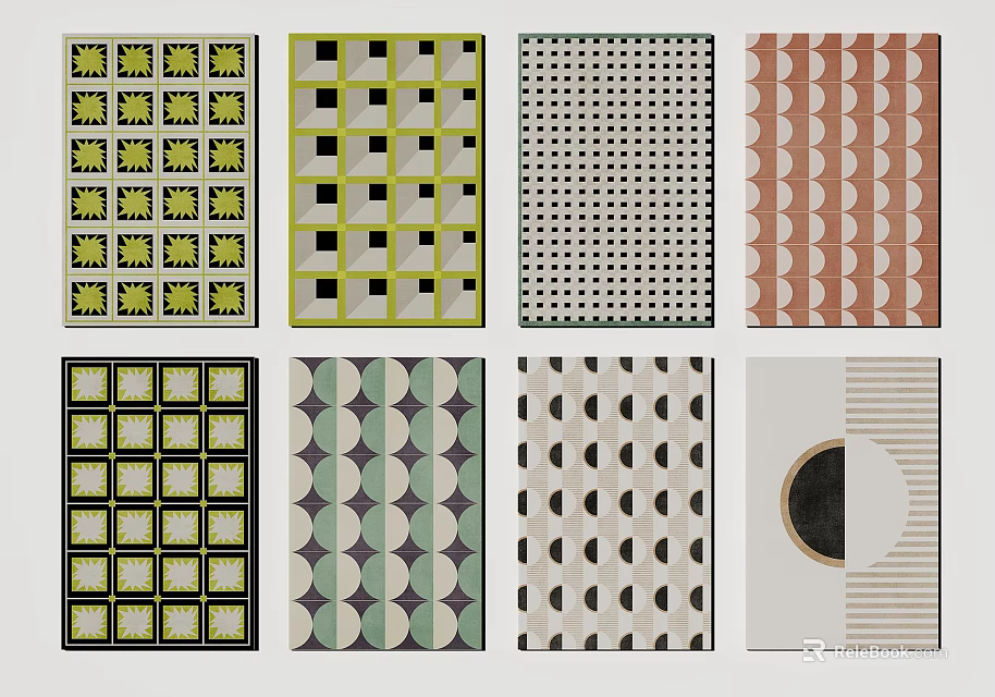 Stylish Square Rugs With Various Geometric Patterns Circular Designs And Vibrant Colors 3d model 