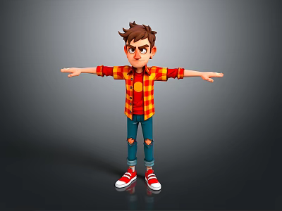 Cartoon Boy Character In Plaid Shirt Ripped Jeans And Red Sneakers With Arms Outstretched 3d model
