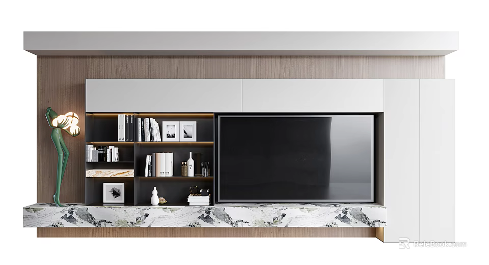 Modern TV Background Wall Design With Wooden Panels White Shelves And Marble Countertop 3d model 