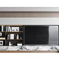 Modern TV Background Wall Design With Wooden Panels White Shelves And Marble Countertop