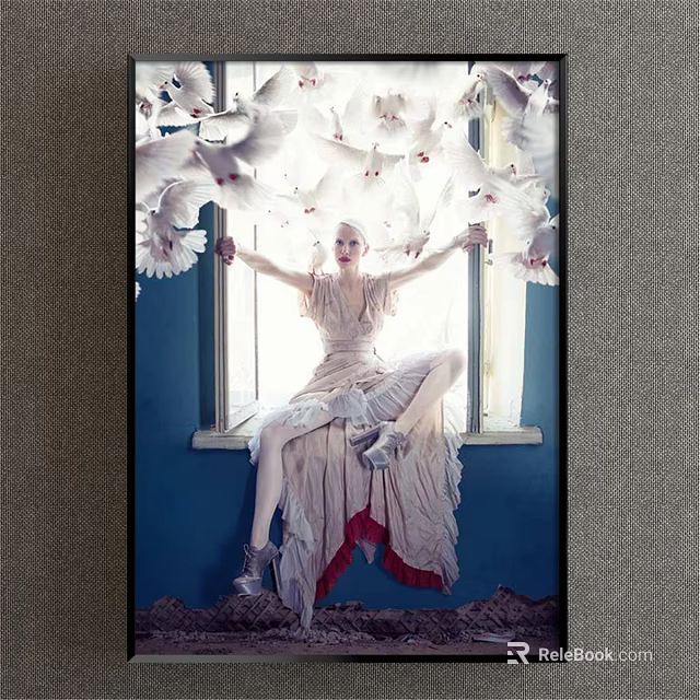Figurative Painting of Woman in Light Dress with Arms Outstretched and White Doves on Windowsill 3d model 