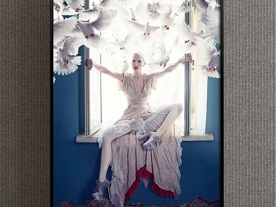 Figurative Painting of Woman in Light Dress with Arms Outstretched and White Doves on Windowsill 3d model