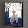 Figurative Painting of Woman in Light Dress with Arms Outstretched and White Doves on Windowsill