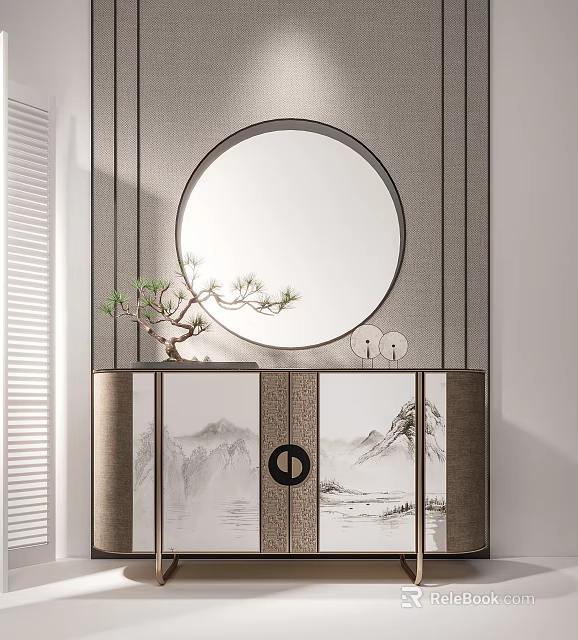 Elegant Chinese Entryway Console Cabinet With Round Mirror Pine Decor And Mountain Pattern Design 3d model