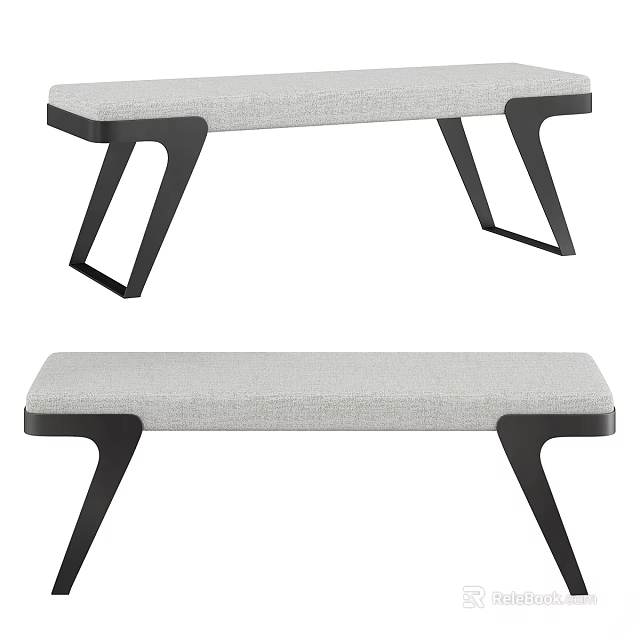 Modern Gray Linen Sofa Bench With Black Metal Legs And Padded Upholstered Seat 3d model 
