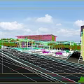 Modern Office Building With Scenic Green Landscape Parking Area Road And Pedestrians