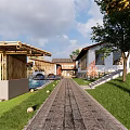 Traditional Guesthouse Building With Stone Walls Wooden Roof Surrounded by Green Lawn and Trees