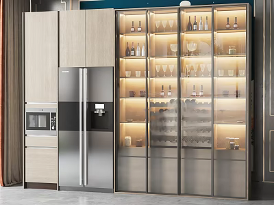 Modern Kitchen Wine Cabinet With Glass Door LED Lighting Wine Bottles And Wine Glasses 3d model