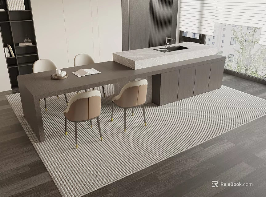 Modern Dining Table Set With Wooden Top And Leather Chairs Metal Legs 3d model 