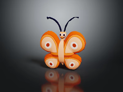Orange Butterfly Plush Toy with White Spots and Black Antennae on Shiny Reflective Surface 3d model
