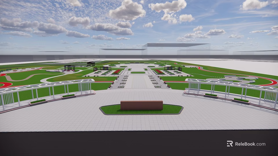 Modern Park Landscape With Open Square Green Lawn Pathways And Cloudy Sky 3d model