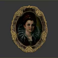 Portrait of a Woman with Red Hair Accessory in Oval Gold Frame and Ruffled Clothing
