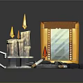 Golden Picture Frame With Candles Candle Holders Knife Ashtray And Cigarettes
