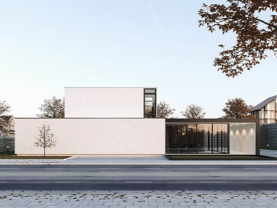 Modern Detached House With White Exterior Large Glass Doors And Trees Near Road 3d model