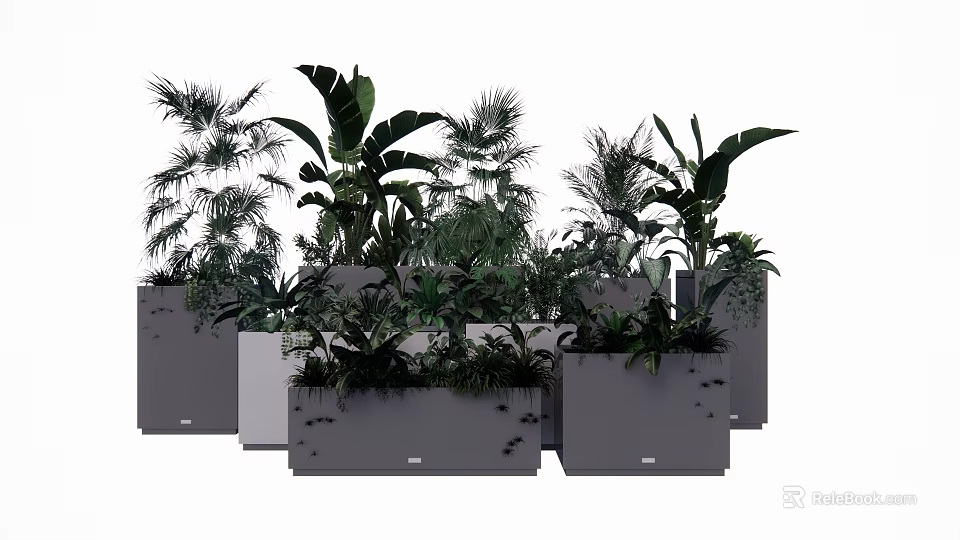 Modern Plant Combination With Various Green Plants In Gray Decorative Planters 3d model 