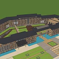 Traditional Style Hotel Building With Wooden Glass Facade Lawn Pool And Background Mountain