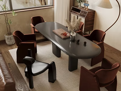 Modern Black Oval Dining Table Set With Brown Chairs Pampas Grass Vase Tray Floor Lamp 3d model