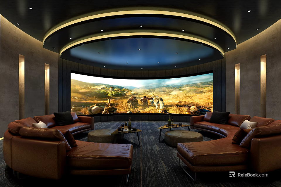 Home Theater with Curved Ceiling Lighting Large Scenic Screen Brown Leather Sofas Coffee Tables 3d model