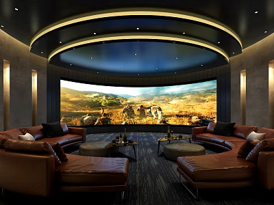Home Theater with Curved Ceiling Lighting Large Scenic Screen Brown Leather Sofas Coffee Tables 3d model